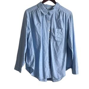 J Jill Top Women Blue Collar Embroidered Dots‎ Pinstripe Button Up Pocket Cotton